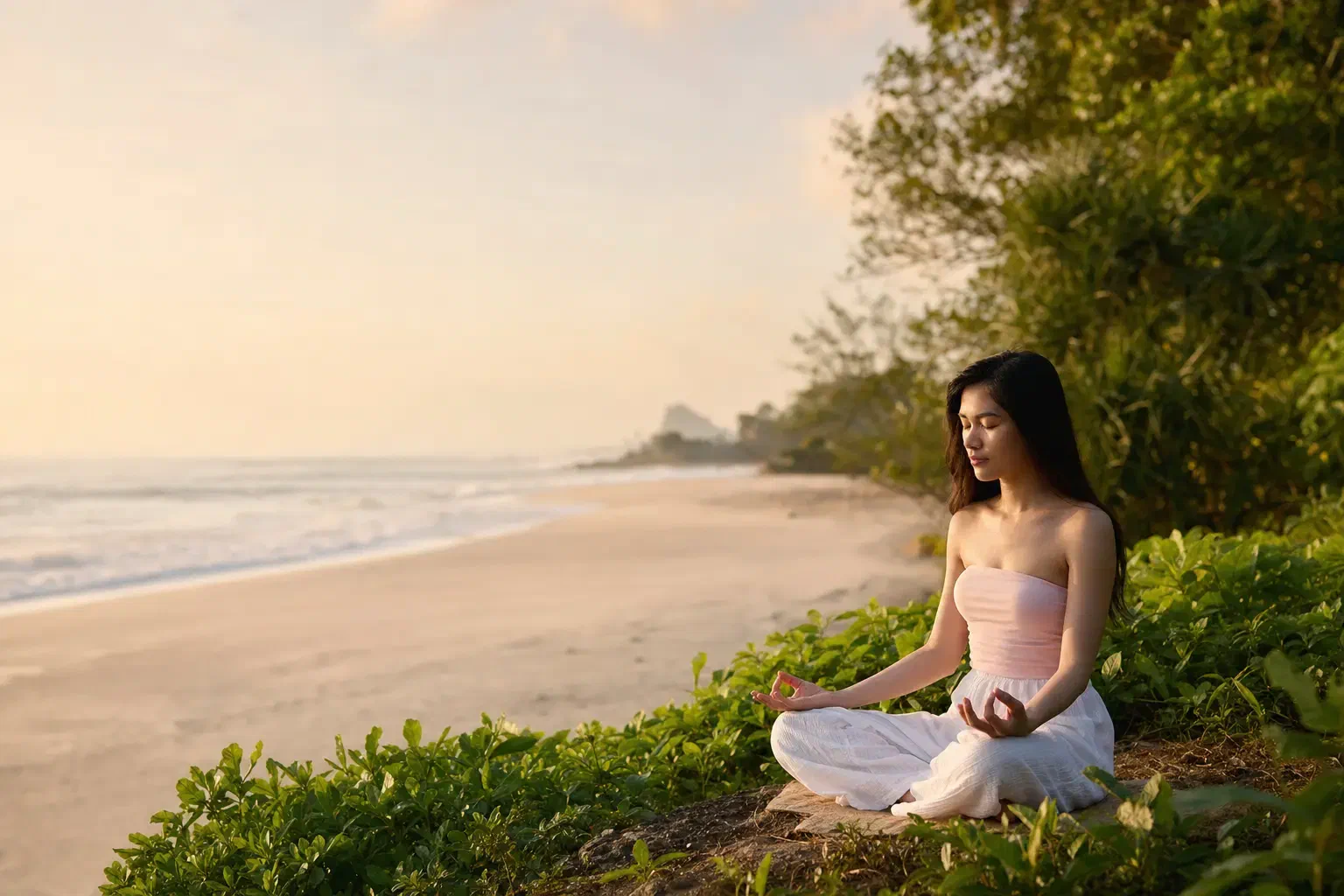 Woman meditating peacefully by the beach at sunrise — beginner yoga in Da Nang, Umi Yoga